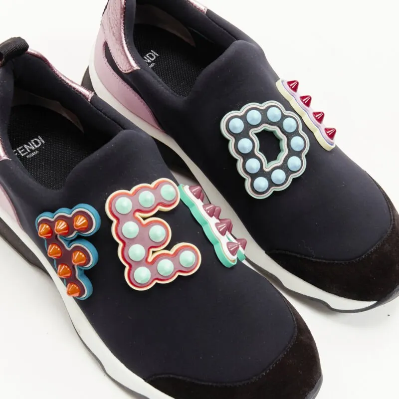 FENDI Fun Fair studded logo rubber applique black pink neoprene low sneaker EU36