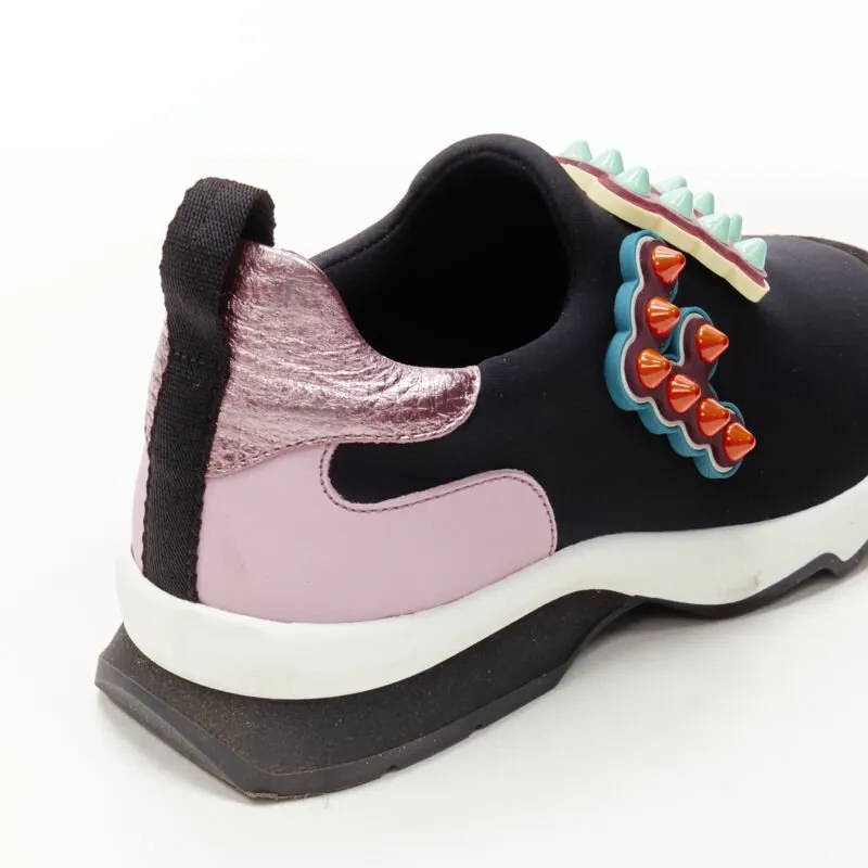 FENDI Fun Fair studded logo rubber applique black pink neoprene low sneaker EU36