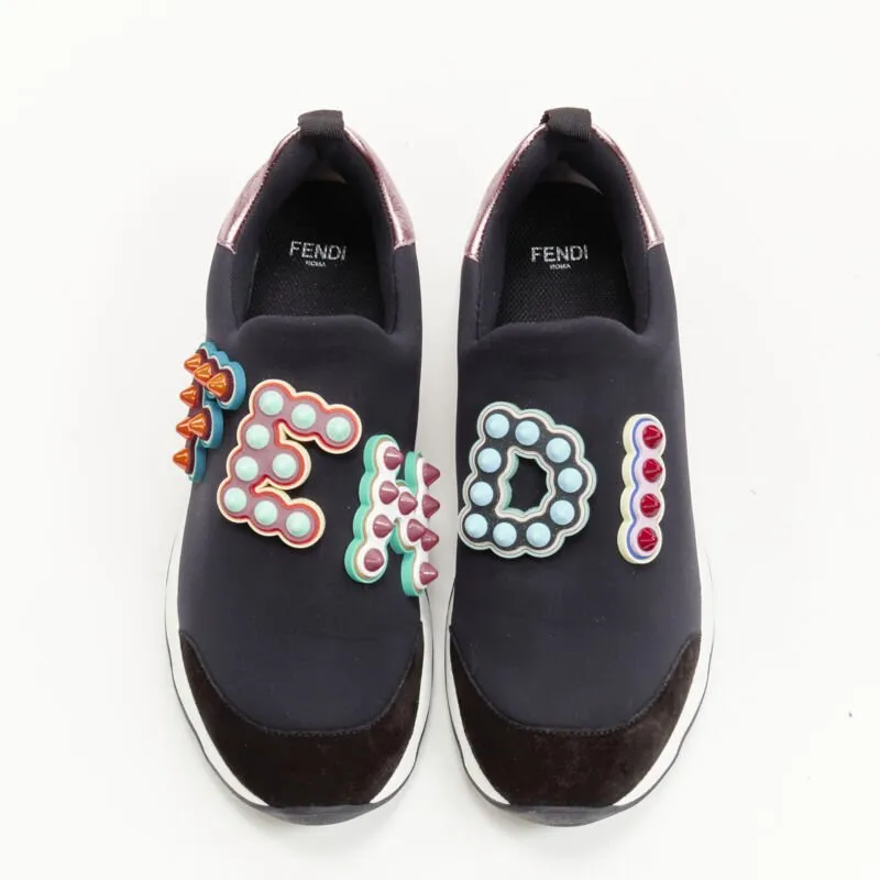 FENDI Fun Fair studded logo rubber applique black pink neoprene low sneaker EU36