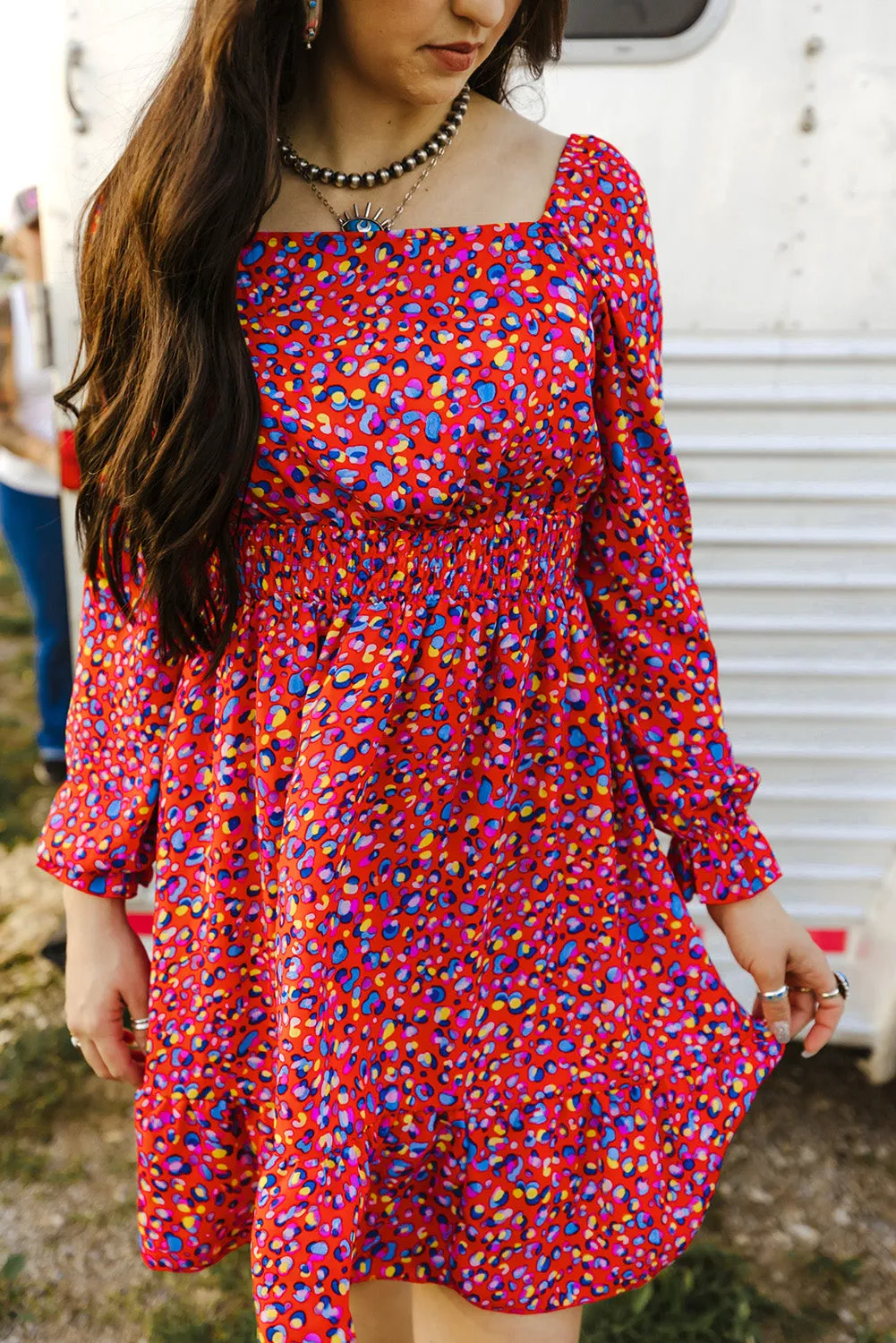 Floral Ruffle Square Neck Dress