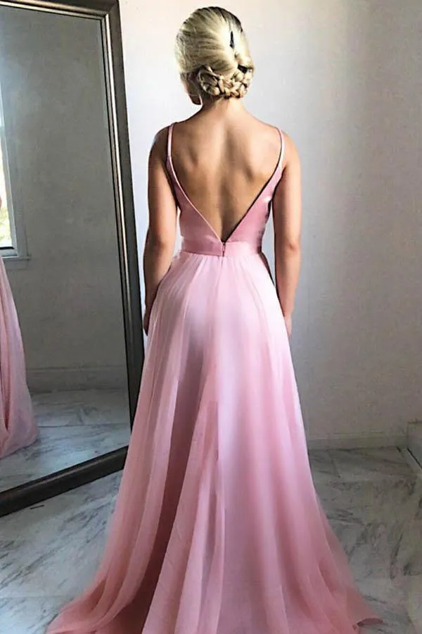 Flowing A-Line V-Neck Sweep Train Pink Chiffon Prom Party Dress  PG682