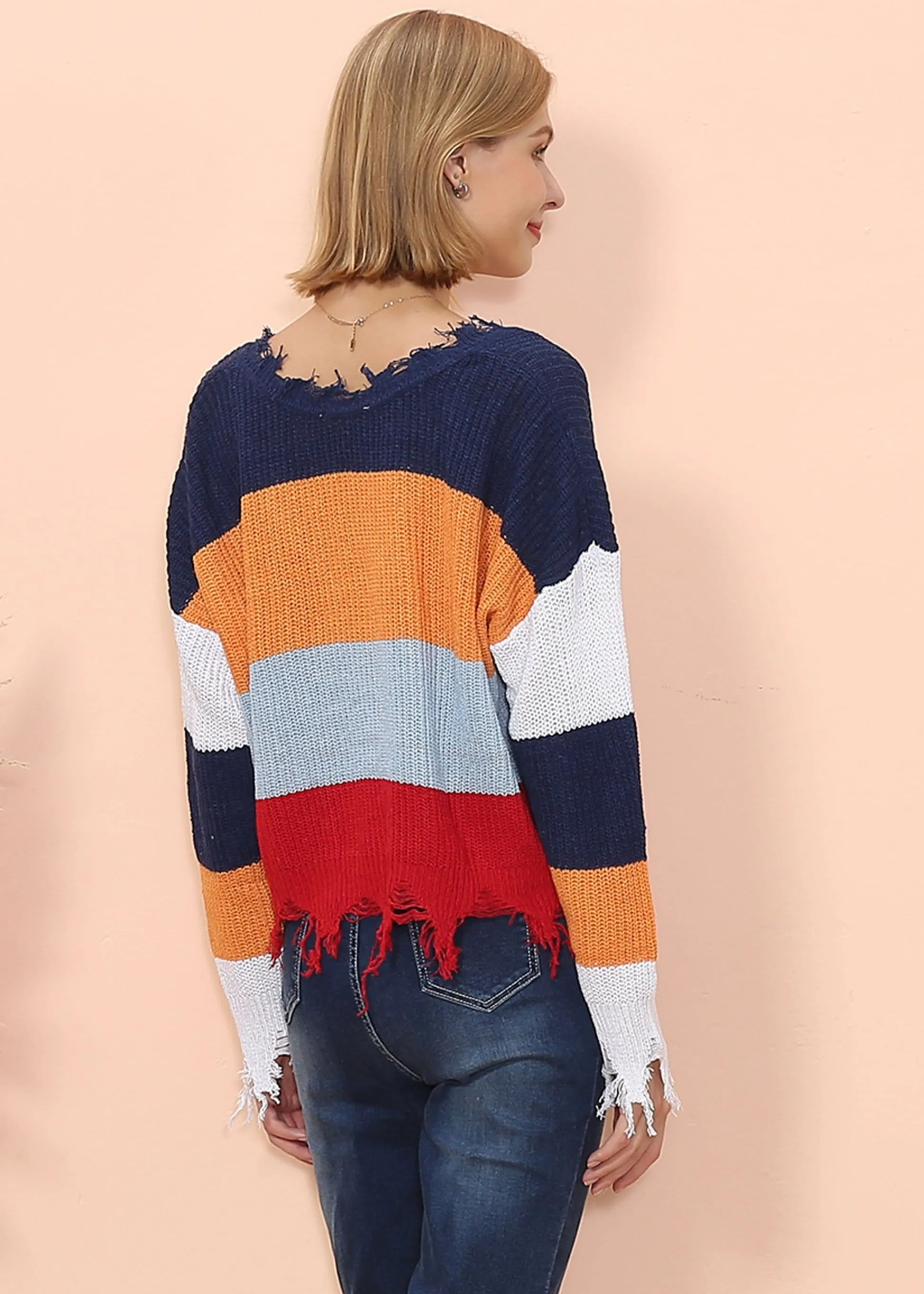 Frayed Hem Color Block Sweater