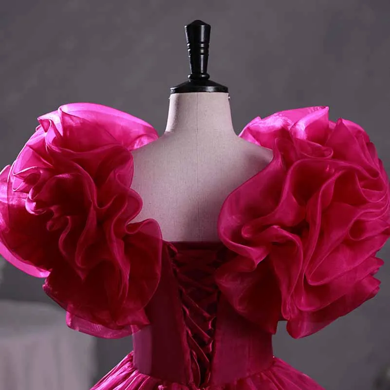 Fuchsia Beading Prom Dress Ball Gown Scoop Neck Ruffle Backless Long Formal Dress