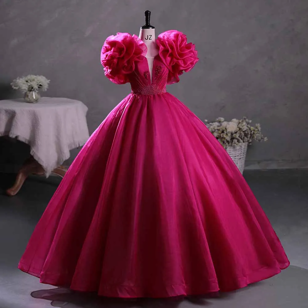 Fuchsia Beading Prom Dress Ball Gown Scoop Neck Ruffle Backless Long Formal Dress