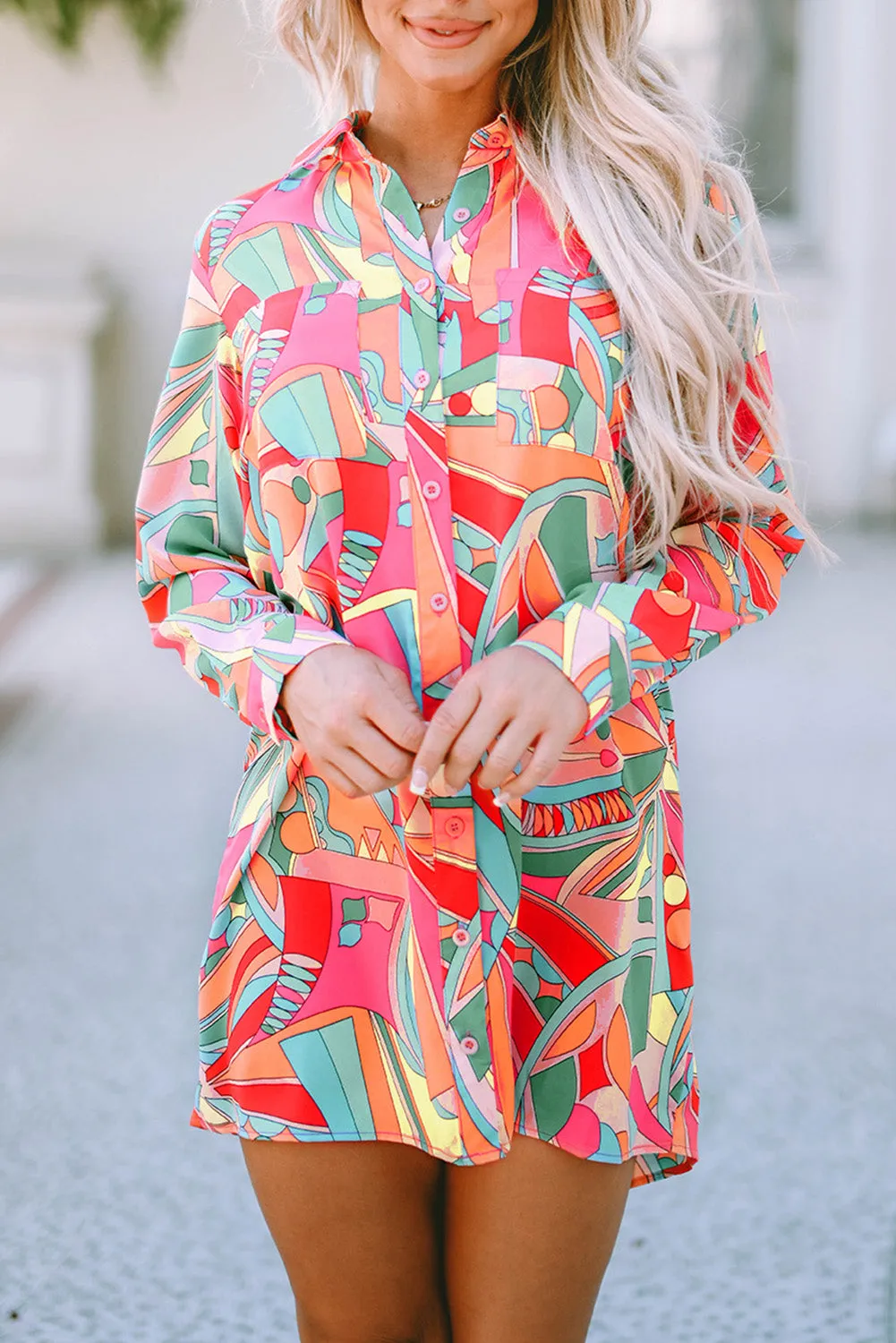 Geometric Long Sleeve Shirt Dress