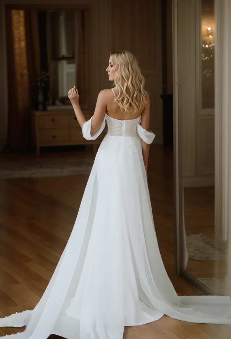 Goddess off-the-shoulder Simple Satin Wedding Dress small train with Tulle Ribbon