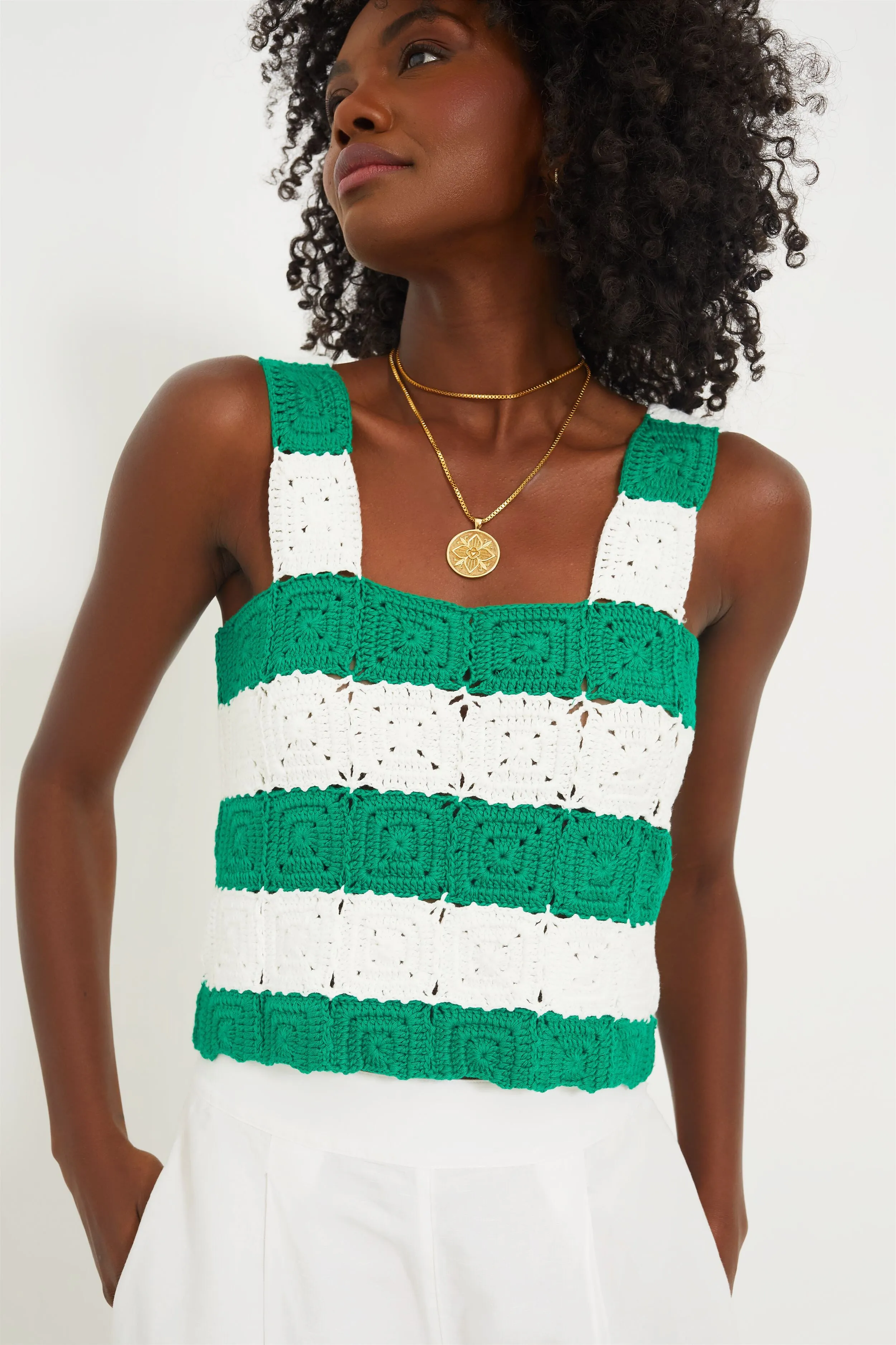 Green and White Crochet Cooper Tank