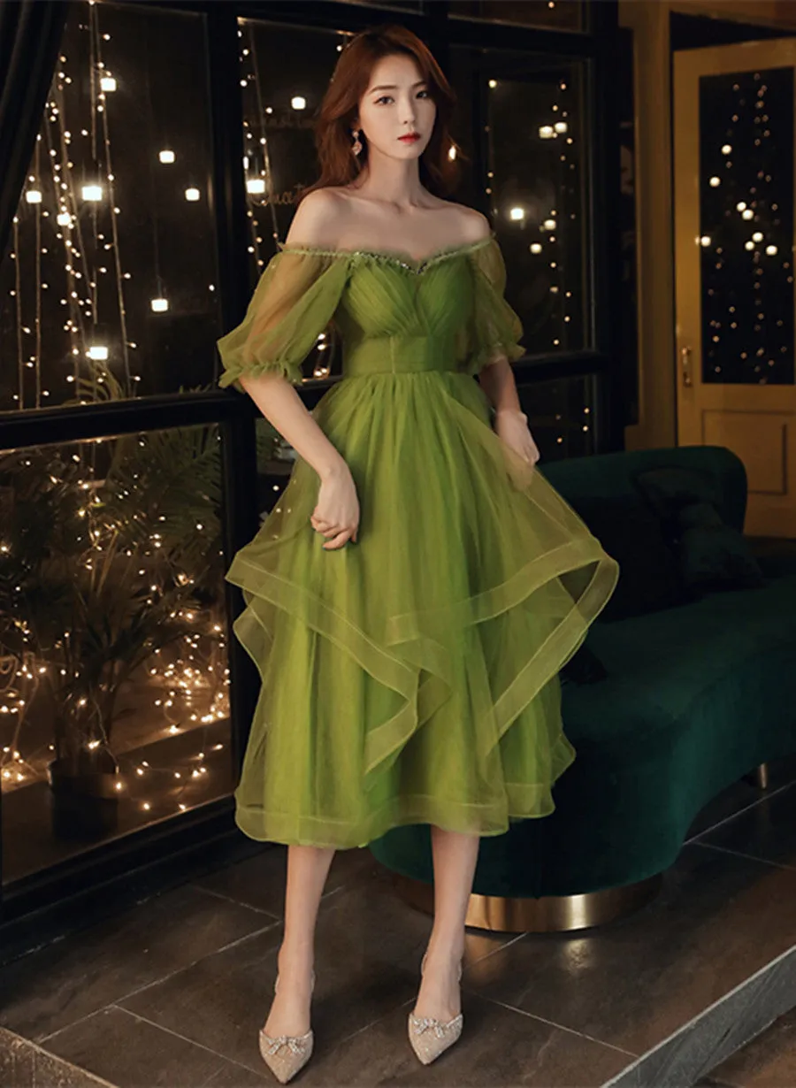 Green Short Sleeves Tulle Tea Length Wedding Party Dress, Green Prom Dress