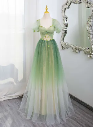 Green Tulle A-line Gradient Short Sleeves Prom Dress, Green Tulle Party Dress