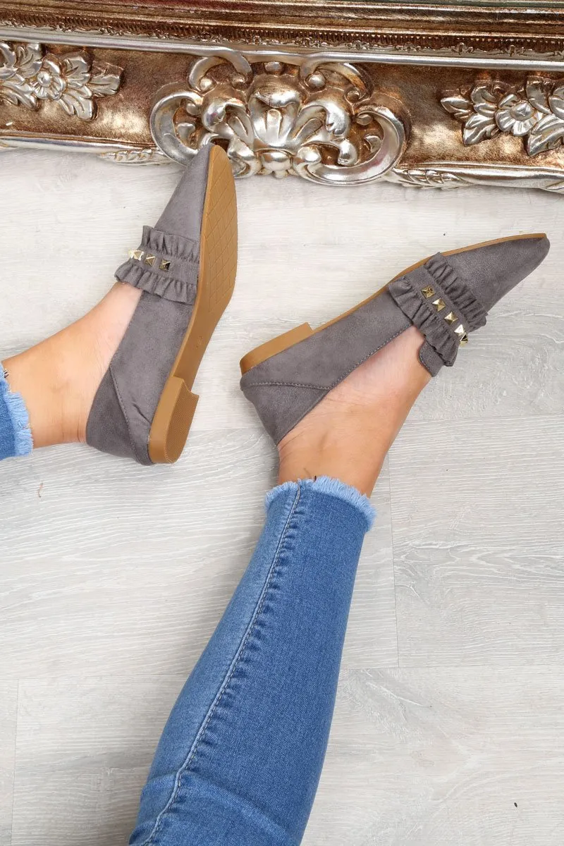 Grey Faux Suede Studded Loafers - Kenia