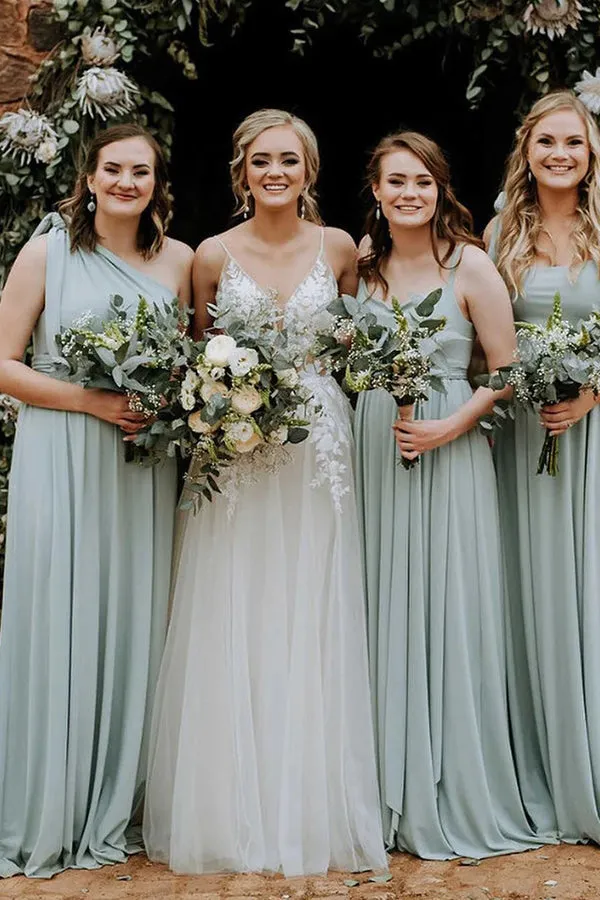 Grey Green One Shoulder Sweep Train Chiffon Bridesmaid Dress BD105