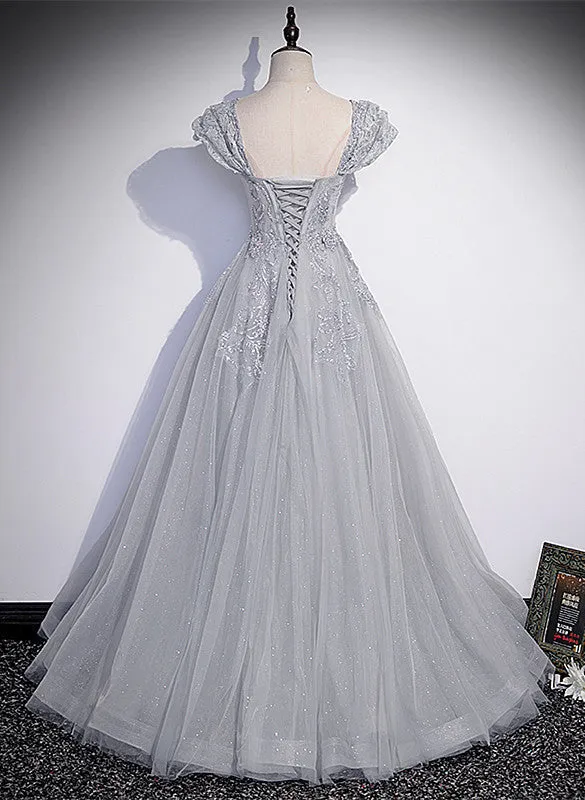 Grey Sweetheart Cap Sleeves Long Party Dress, Grey Long Tulle with Lace Prom Dress