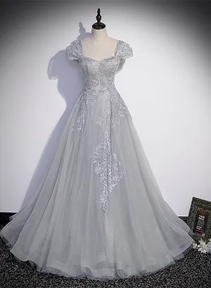 Grey Sweetheart Cap Sleeves Long Party Dress, Grey Long Tulle with Lace Prom Dress