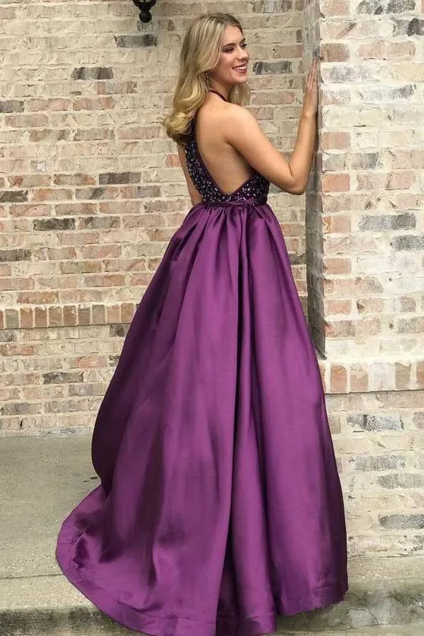 High Neck Purple Long Prom Dresses Beaded Elegant Junior Prom Dress PG839