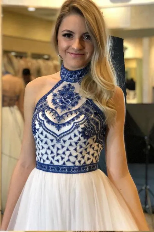 High Neck White Blue Embroidery Long Backless Prom Dress