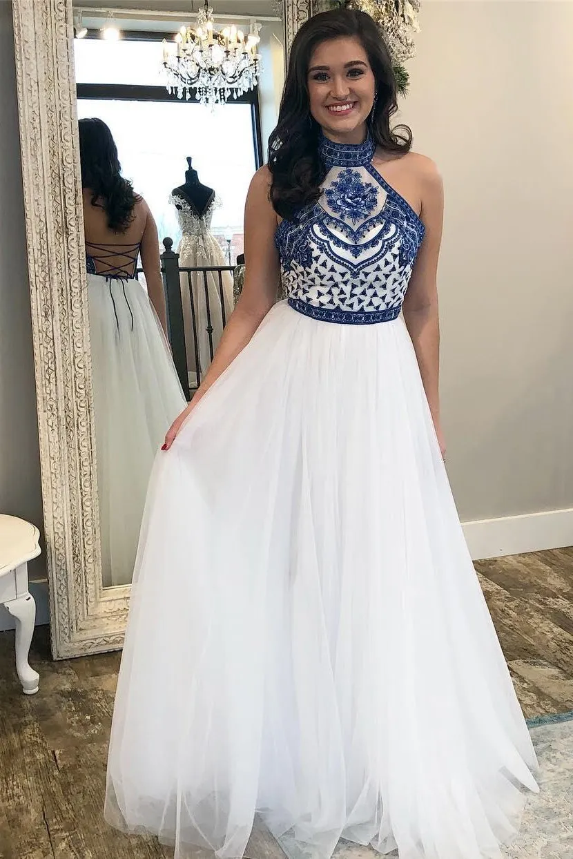 High Neck White Blue Embroidery Long Backless Prom Dress