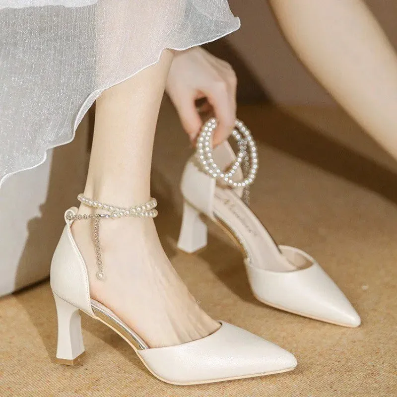 Hnzxzm New White Ankle Pearl Strap Strappy Design Fashion High Heels Women Pumps Stiletto Sexy Dress Wedding Bridal Shoes Dress Shoes