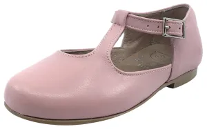 Hoo Shoes Girl's Dee Rose Pink Leather Asymmetrical T-Strap Mary Jane Flat Shoe