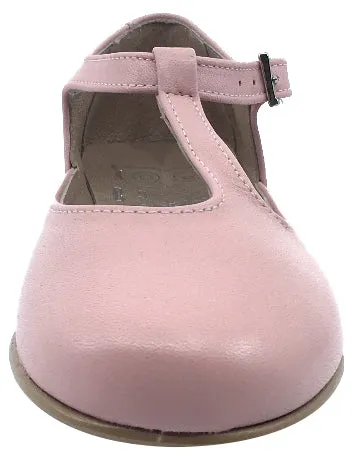 Hoo Shoes Girl's Dee Rose Pink Leather Asymmetrical T-Strap Mary Jane Flat Shoe