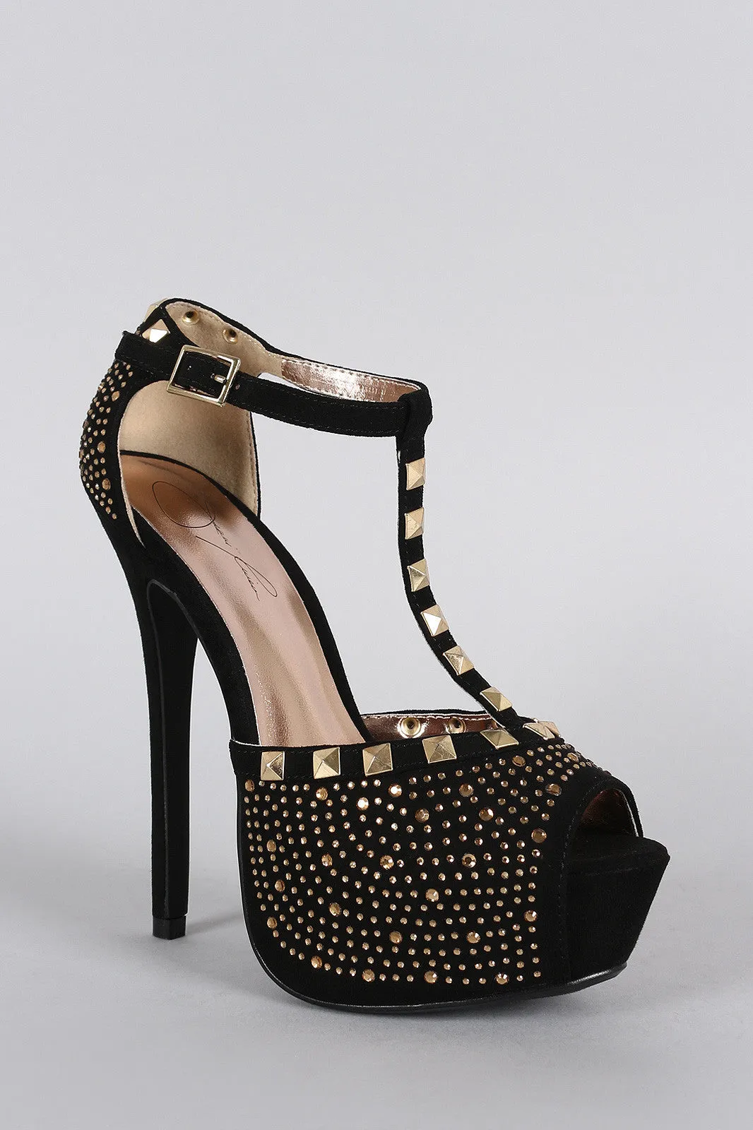 Jenni Rivera Studded Rhinestone T-Strap Stiletto Platform Heel