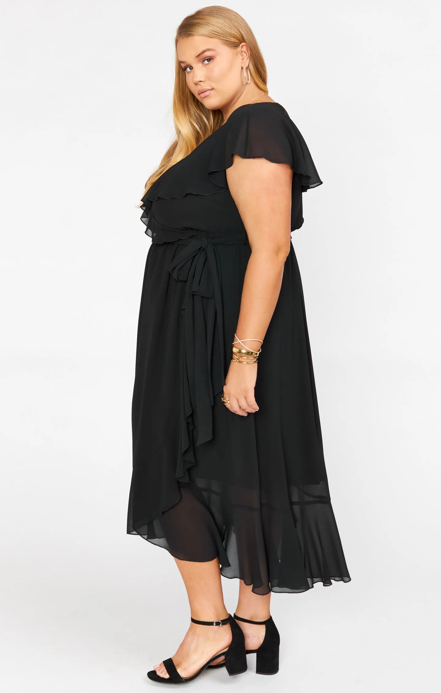 Jess Ruffle Midi Dress ~ Black Chiffon