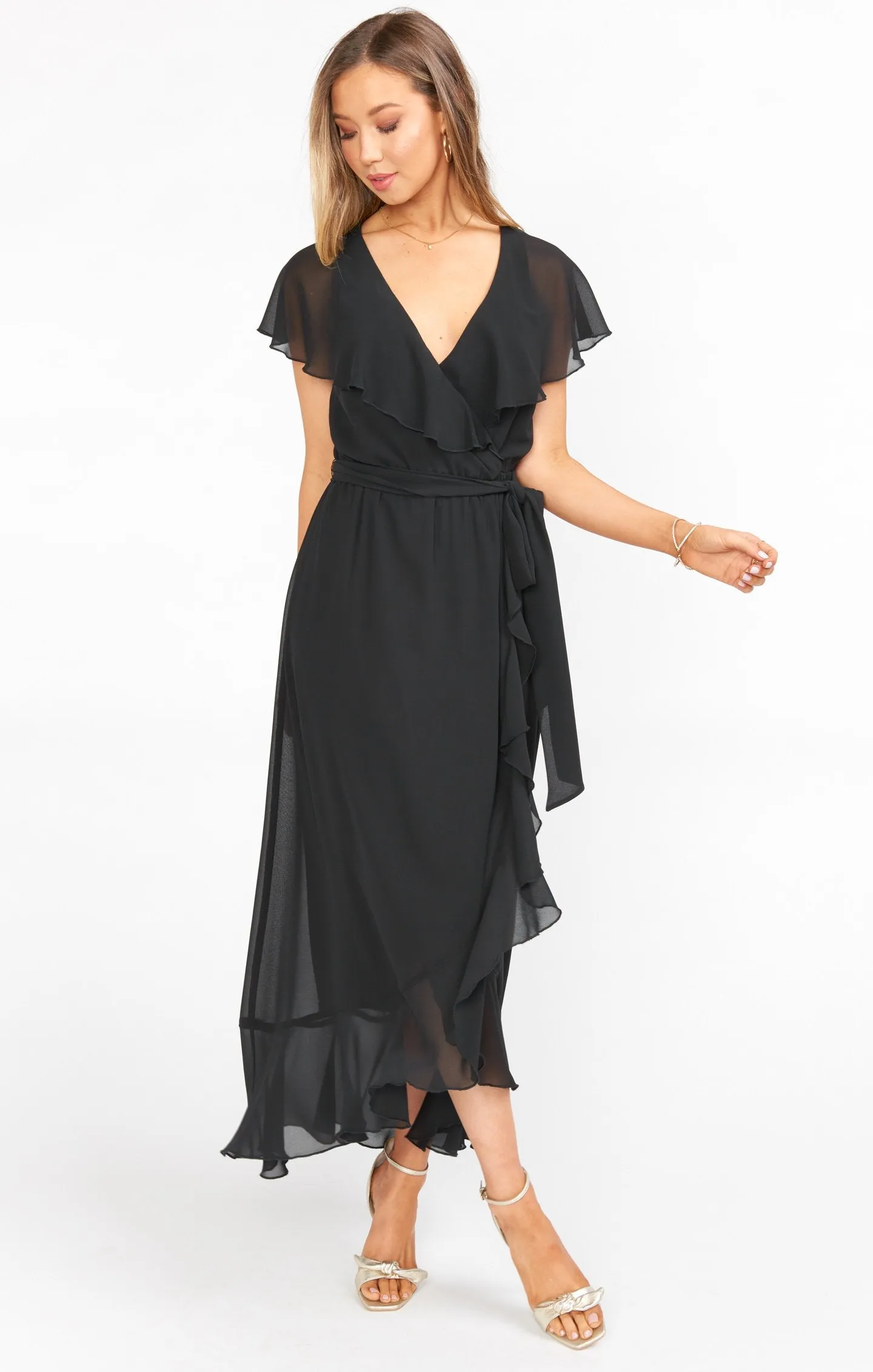 Jess Ruffle Midi Dress ~ Black Chiffon