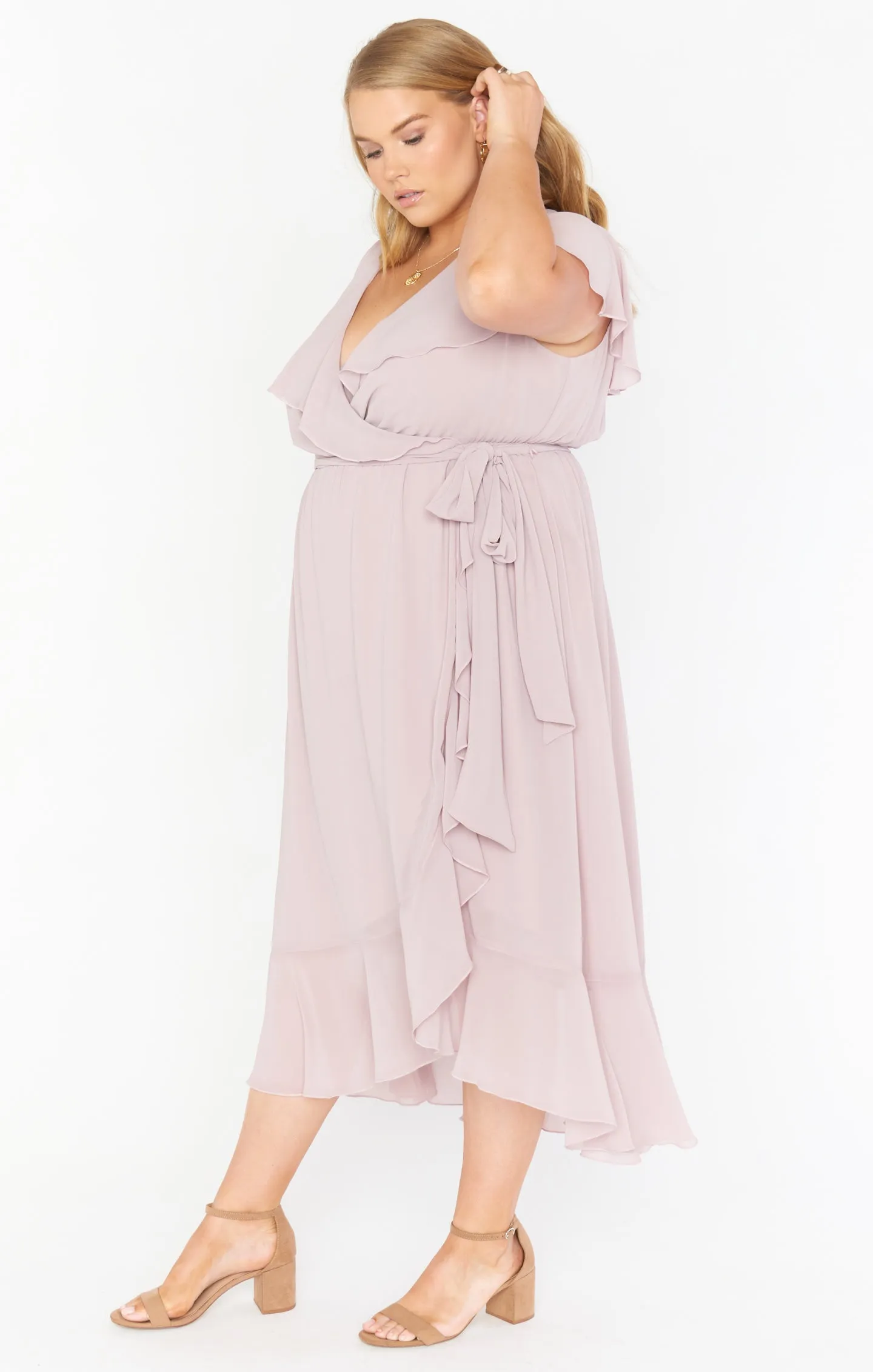 Jess Ruffle Midi Dress ~ Neutral Mauve Chiffon