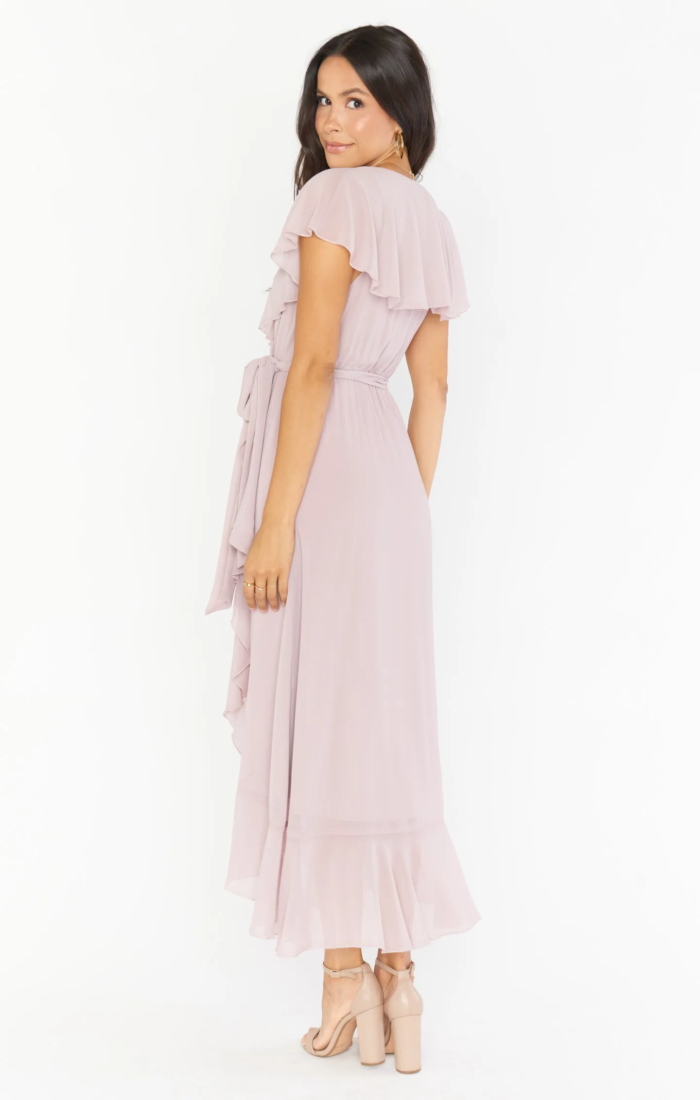 Jess Ruffle Midi Dress ~ Neutral Mauve Chiffon