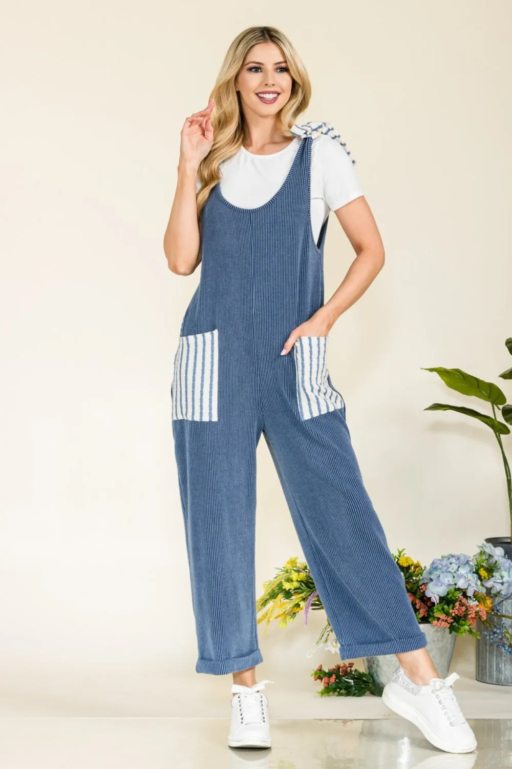 KESLEY Stripe Contrast Pocket Rib Jumpsuit Petite and Plus Size Pants Romper Women's Fashion