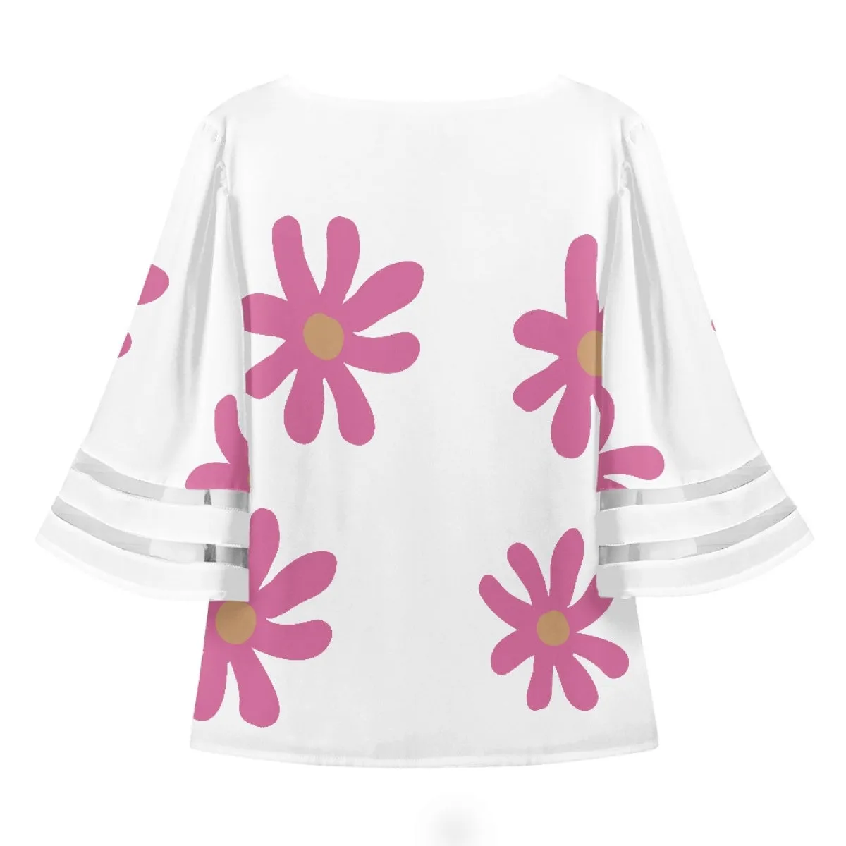 Lace Trimmed Chiffon Top With Pink Flowers On White Background