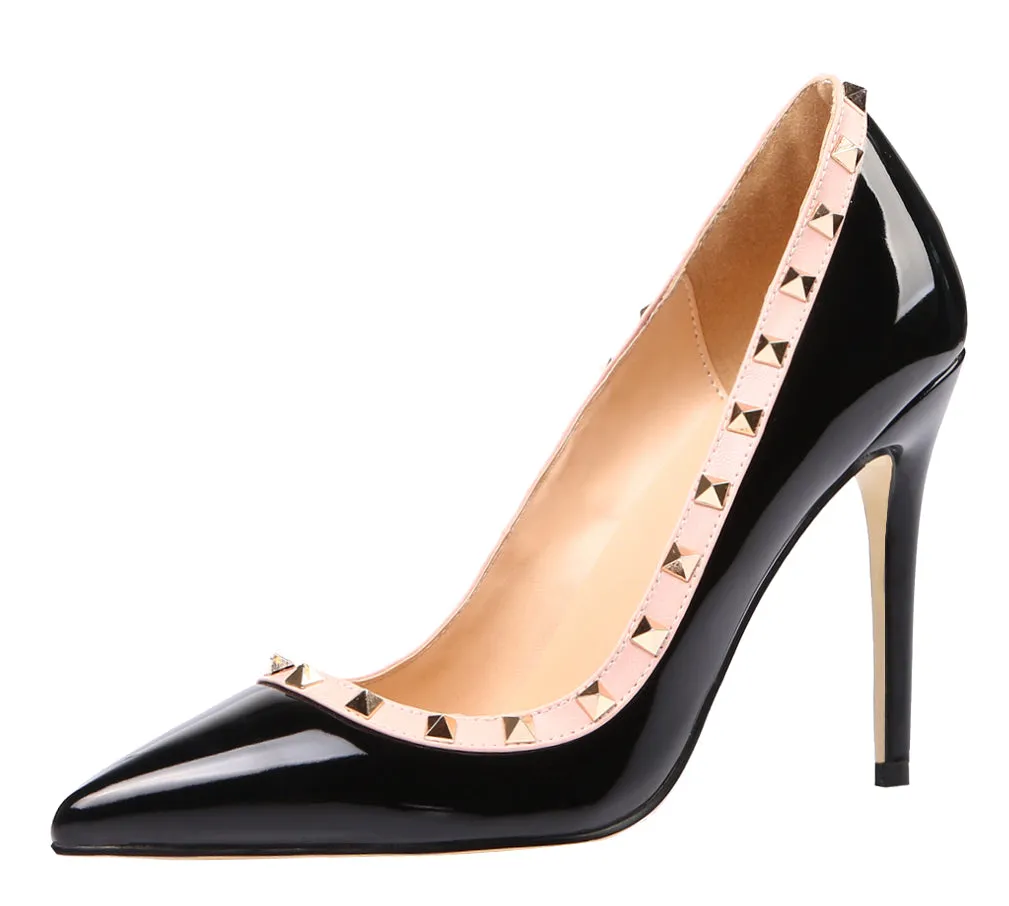 Ladies 10cm Glitter Black Patent Rivet High Heel Pumps Studded Party Stilettos for Woman