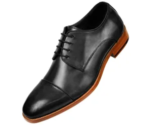 Leather Cap Toe Lace Up Oxford Dress Shoes with Wood Sole -Black