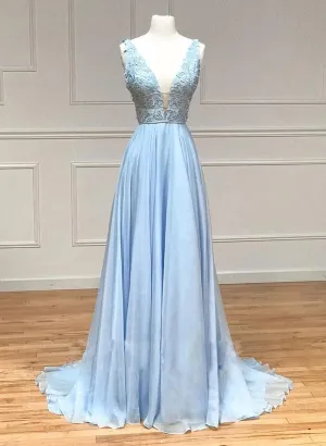 Light Blue Chiffon with Lace A-line Prom Dress, Light Blue Evening Dress