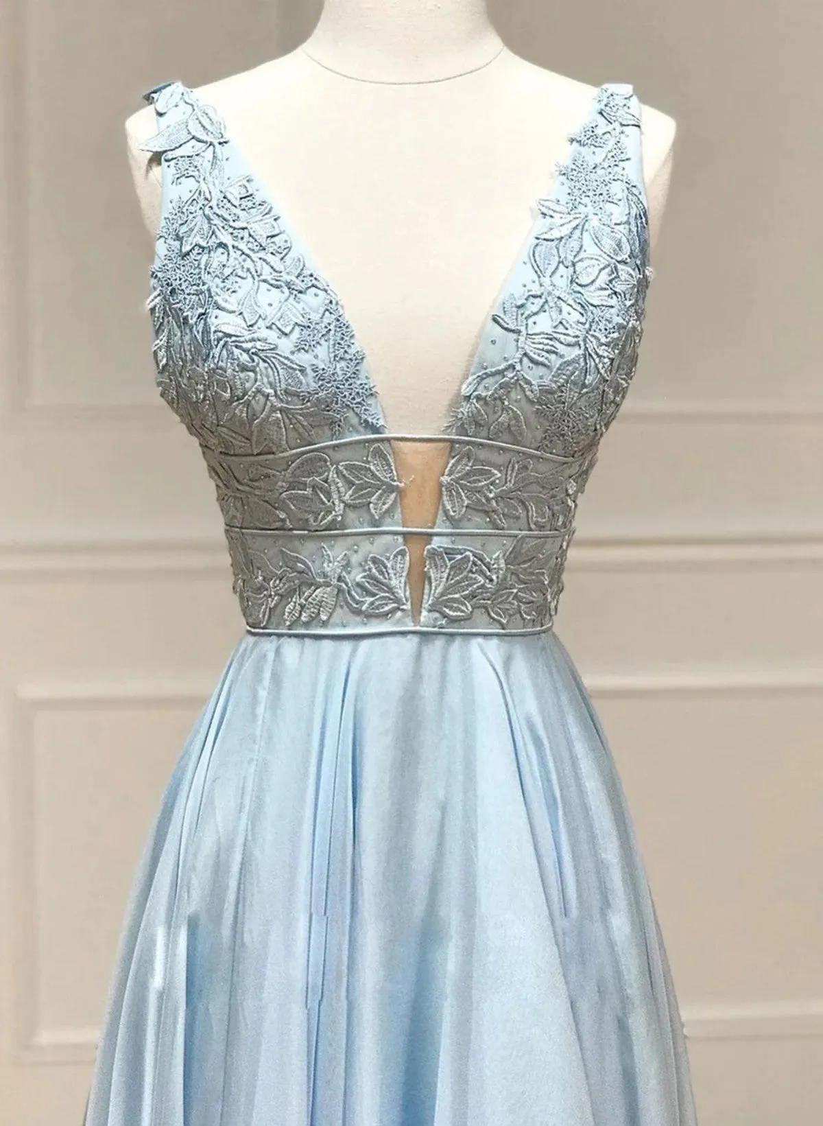 Light Blue Chiffon with Lace A-line Prom Dress, Light Blue Evening Dress