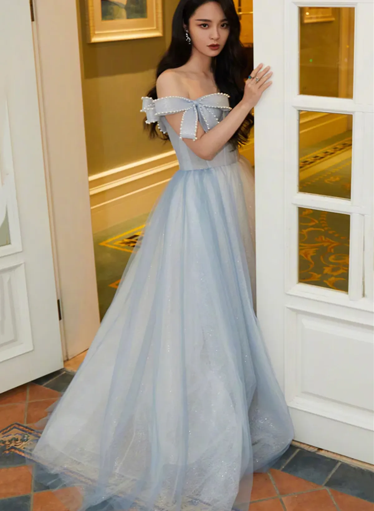 Light Blue Sweetheart Pearls Off Shoulder Long Party Dress, A-line Blue Formal Dress