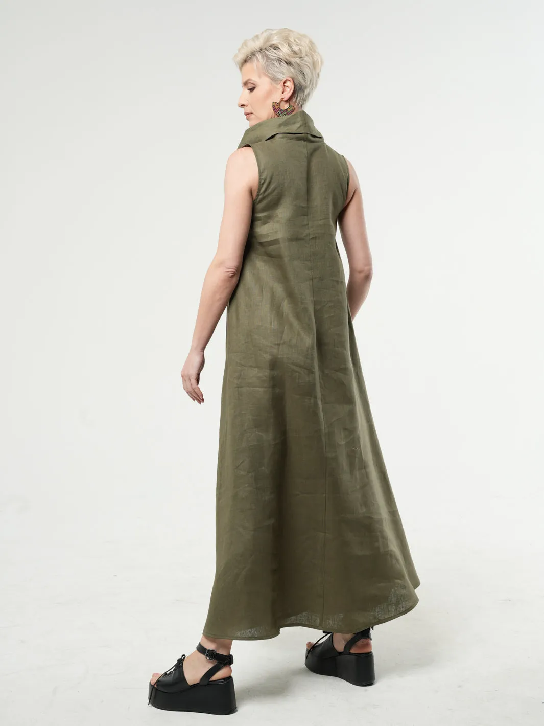 Maxi Linen Dress With Large Collar in Khaki