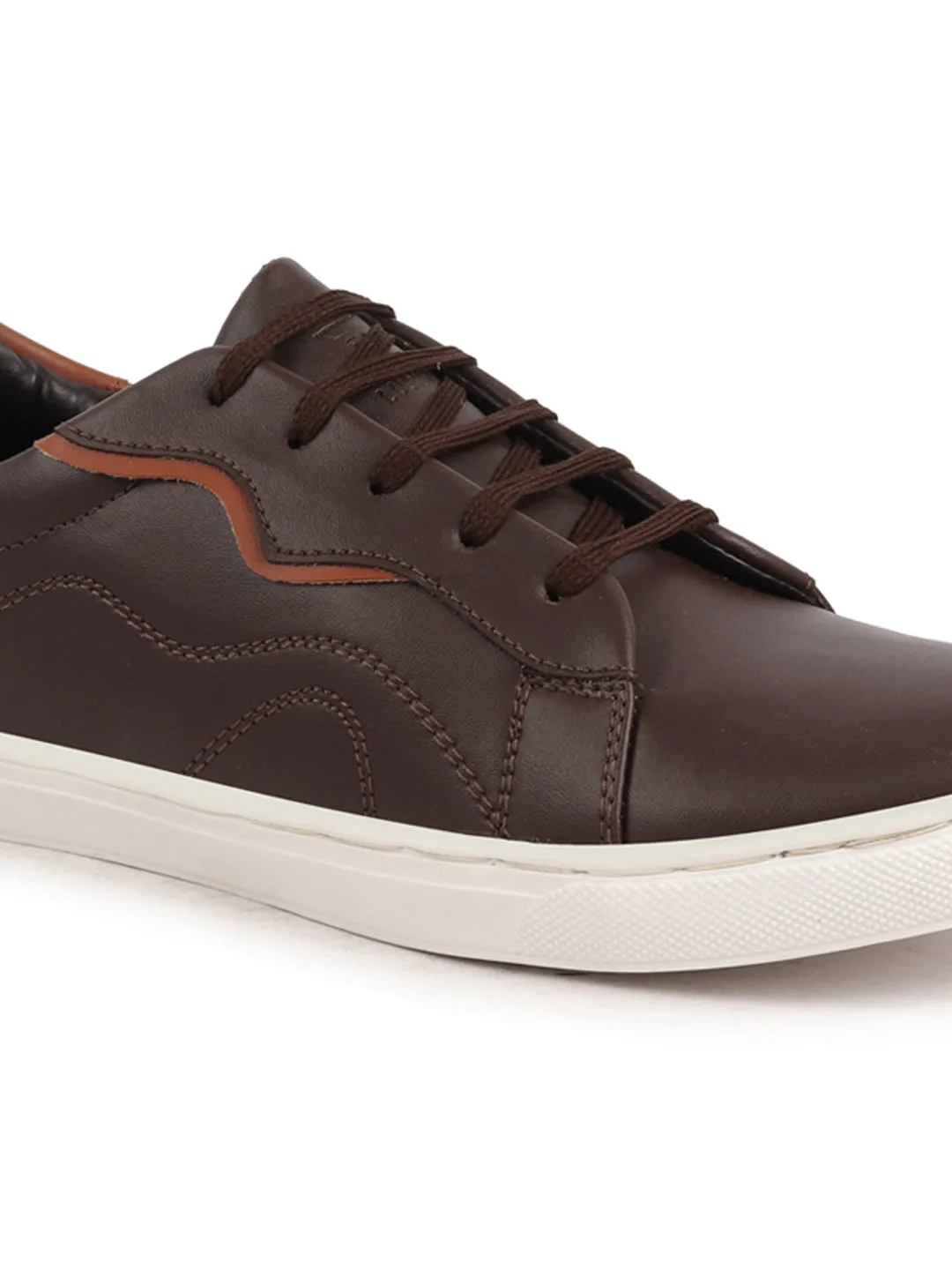 Men Brown Classic Lace Up Elevated Look Sneaker Shoes with Contrast Sole|Low Ankle|Casual Shoe