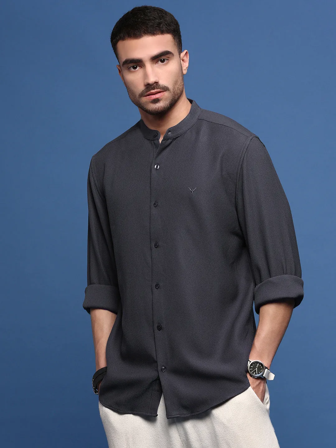 Men Charcoal Solid Slim Fit Shirt