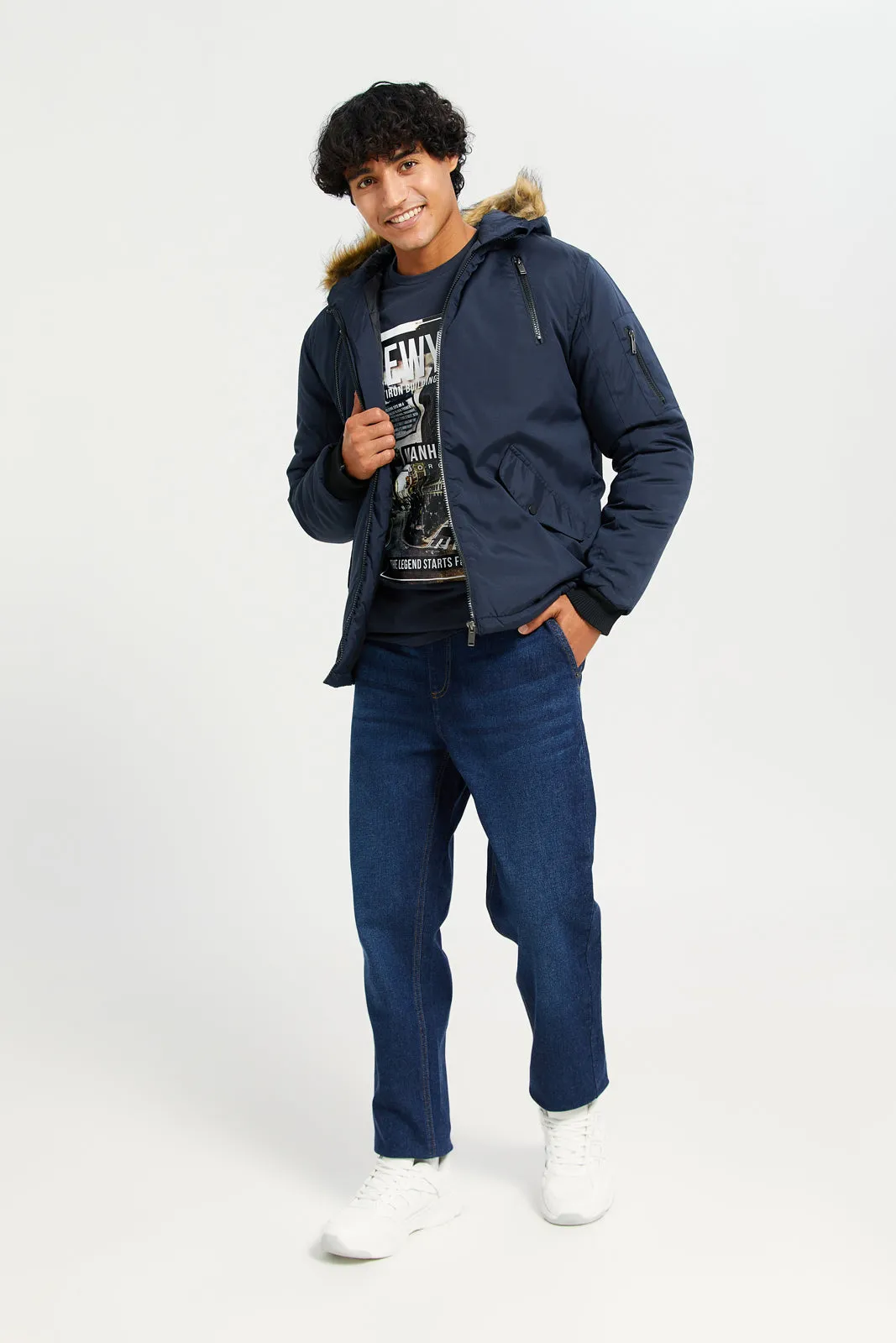 Men Navy Hooded Jacket