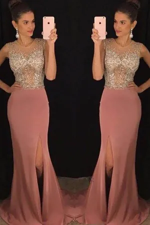 Mermaid Round Neck Blush Split Long Prom Dresses with Beading PG767