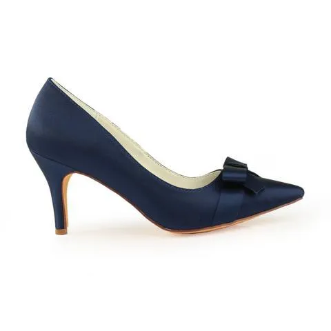 Navy Blue High Heels Wedding Shoes with Bowknot Fashion Satin Wedding Shoes uk L-942