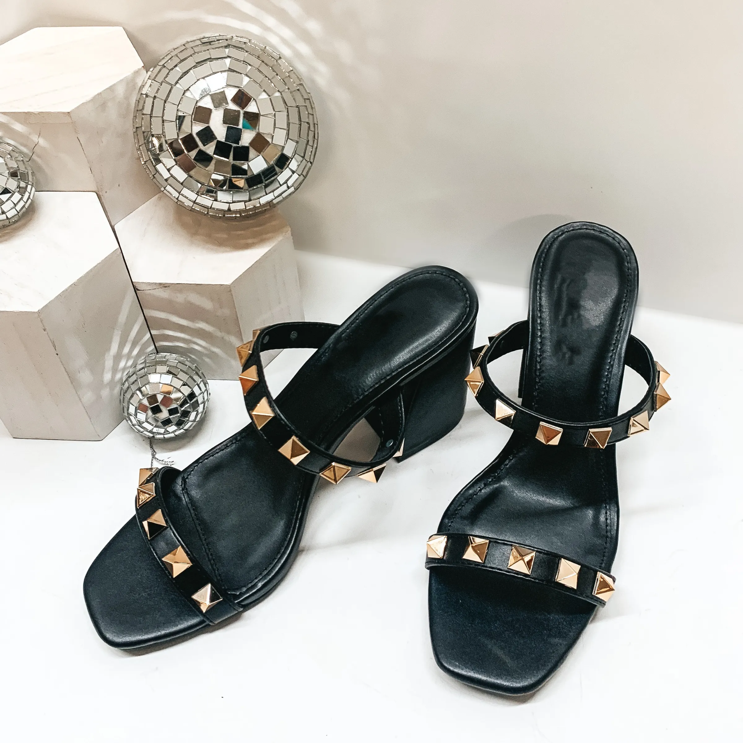 Now and Later Gold Studded Two Band Slide On Heels in Black