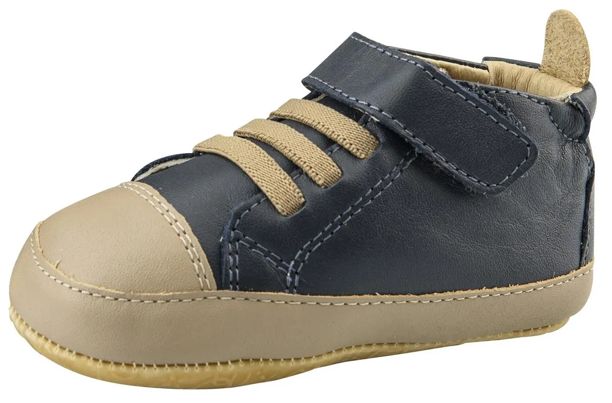 Old Soles Boy's High Ball Premium Leather First Walker Sneaker Shoes, Navy/Taupe