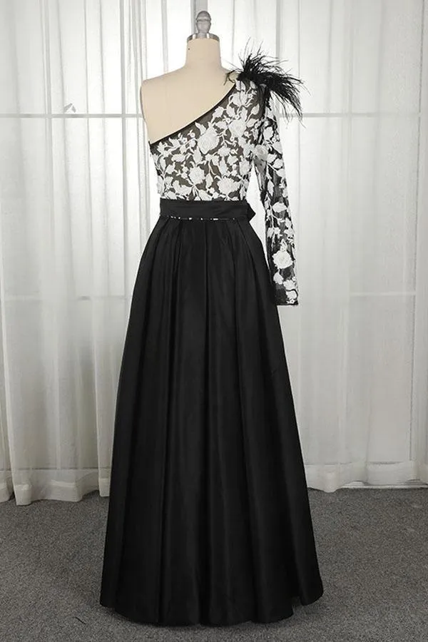 One Shoulder Black Long Prom Dress with Pockets Feathers PSK039