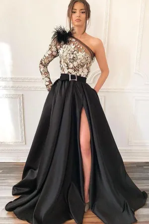 One Shoulder Black Long Prom Dress with Pockets Feathers PSK039