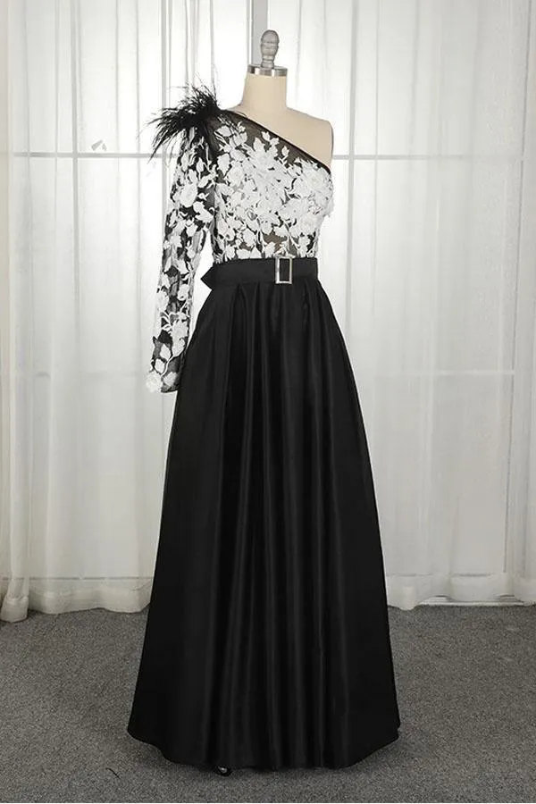 One Shoulder Black Long Prom Dress with Pockets Feathers PSK039