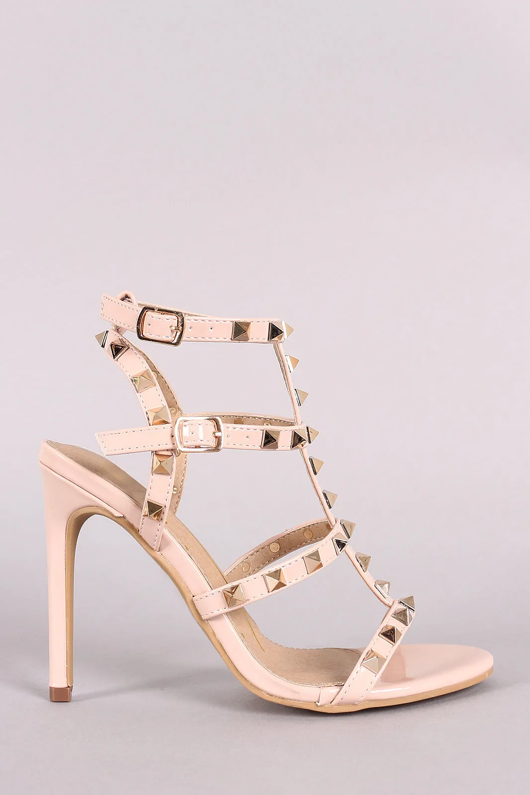 Patent Studded T-Strap Open Toe Stiletto Heel