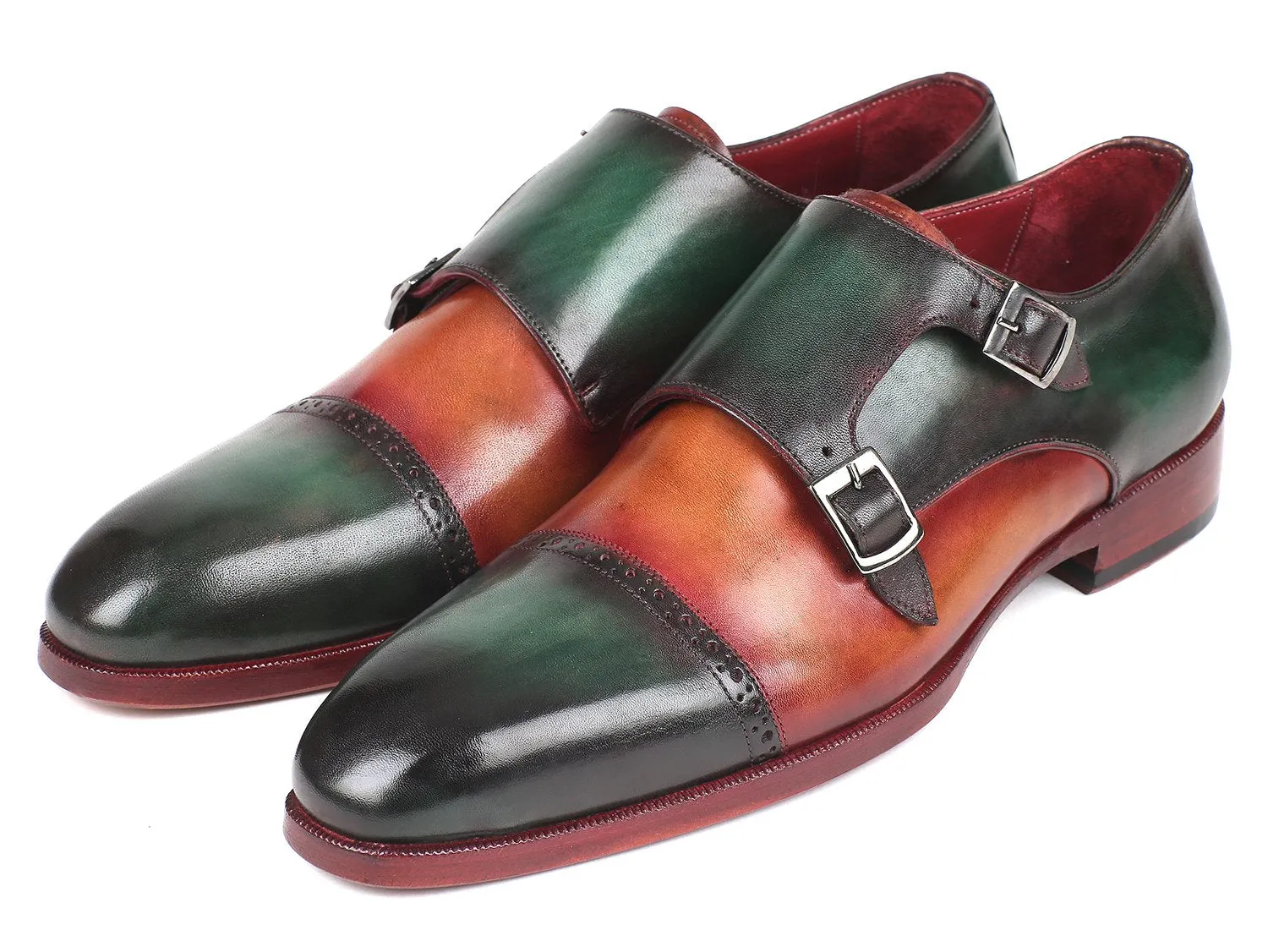 Paul Parkman Captoe Double Monkstraps in Green / Camel