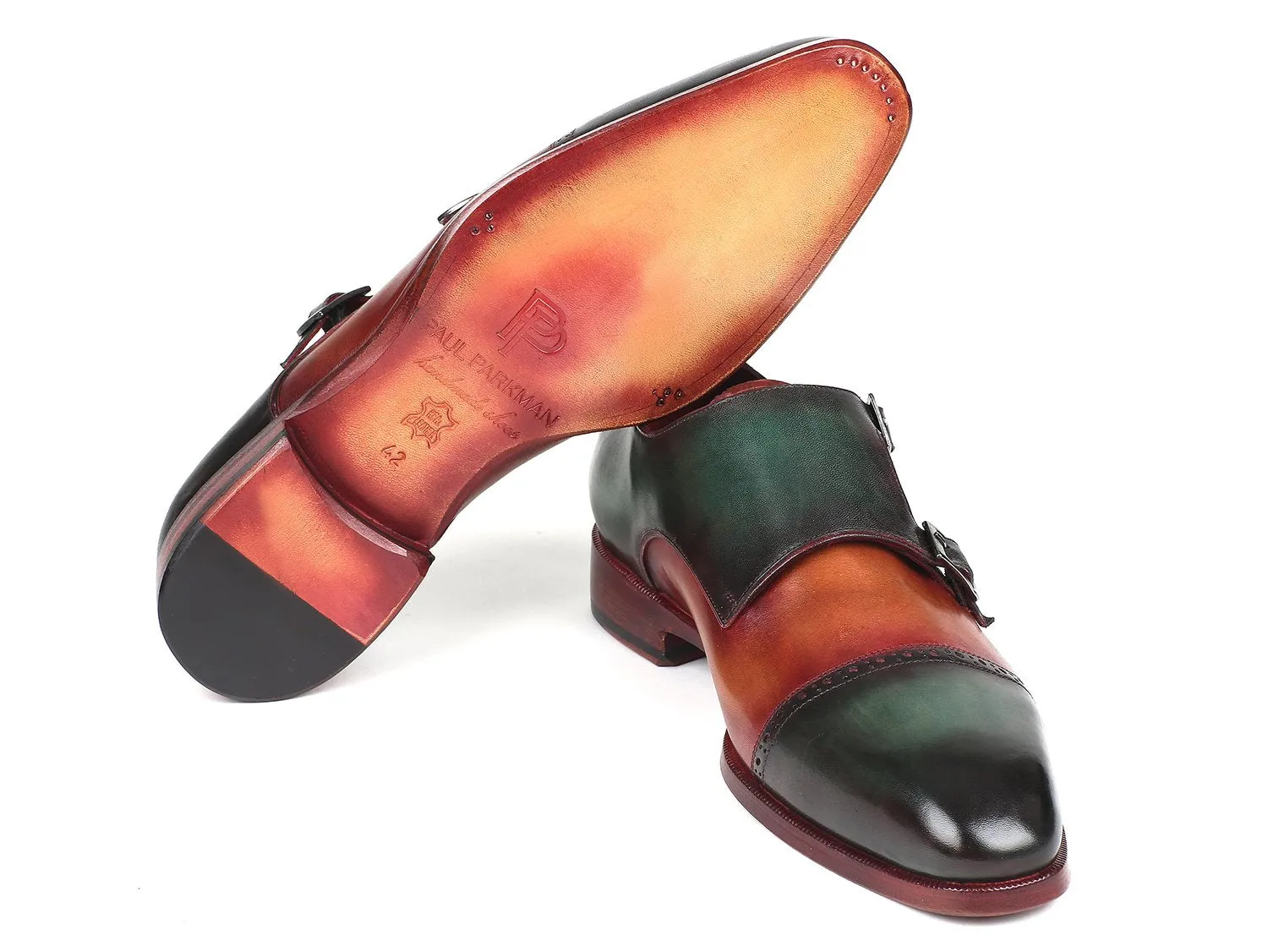 Paul Parkman Captoe Double Monkstraps in Green / Camel