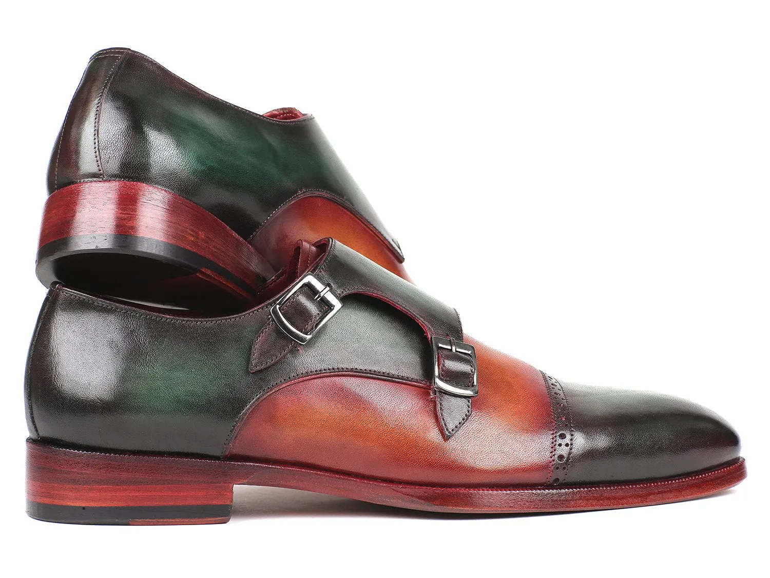 Paul Parkman Captoe Double Monkstraps in Green / Camel